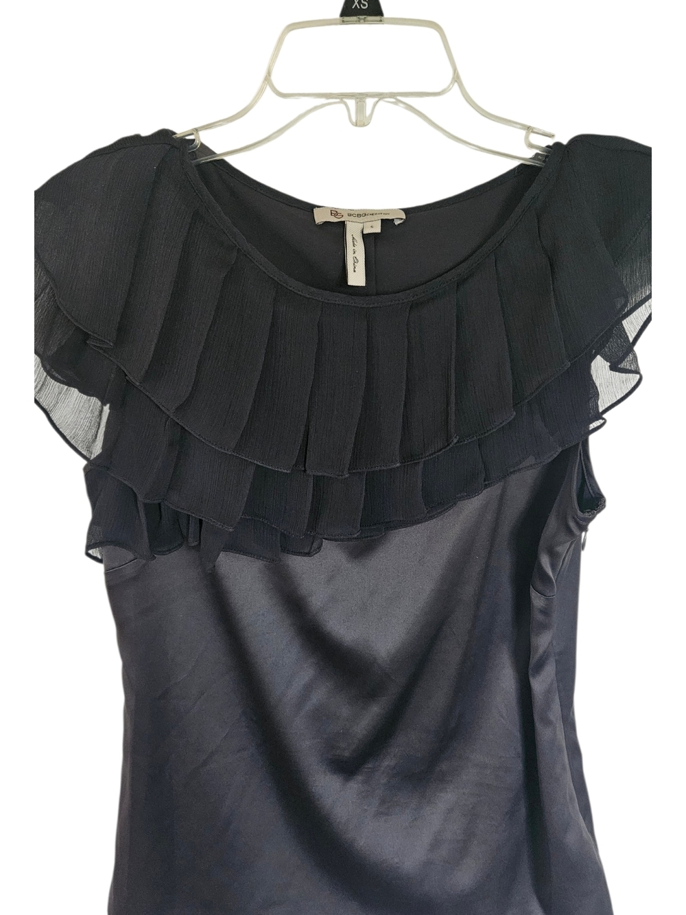 BCBGeneration Black Ruffled Satin Sleeveless Blouse